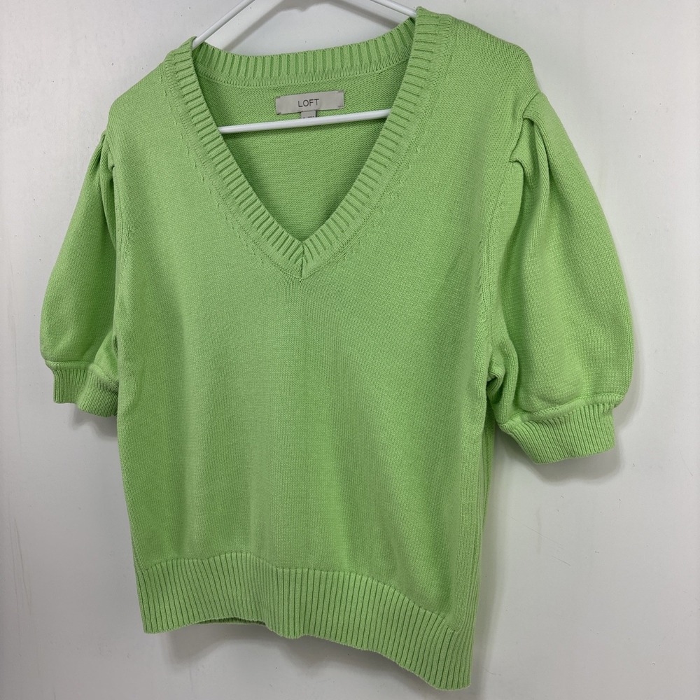 Loft Womens‎ XL Green Knit Puff Sleeve Cotton Sweater Classic Feminine Preppy - Picture 3 of 13